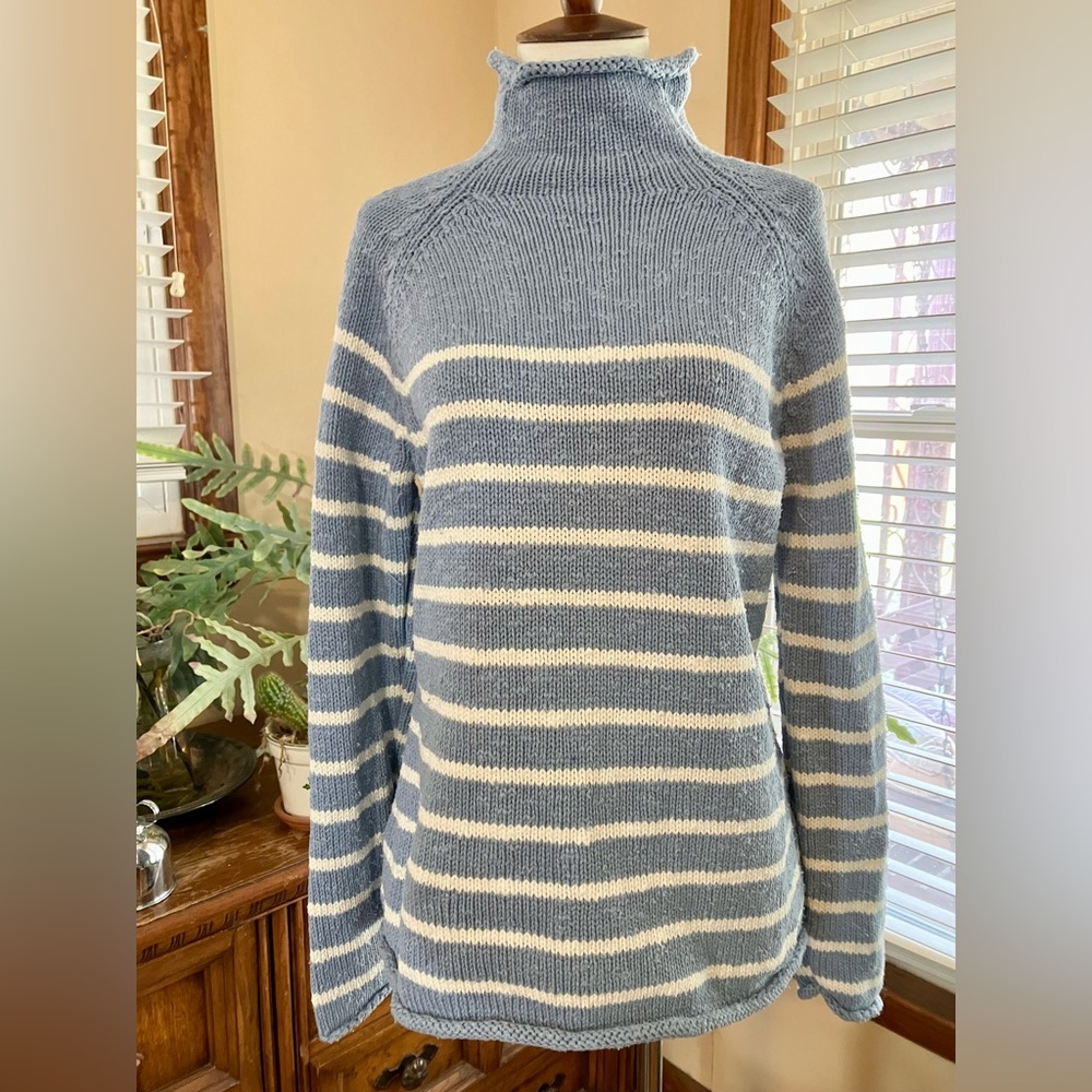 L.L. Bean Cotton Blue Mariner Stripe Funnel Neck Sweater W’s Large